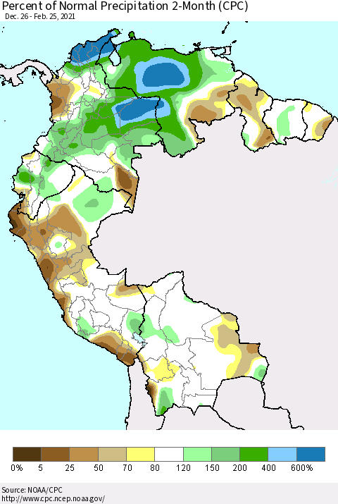 Northern South America Percent of Normal Precipitation 2-Month (CPC) Thematic Map For 12/26/2020 - 2/25/2021