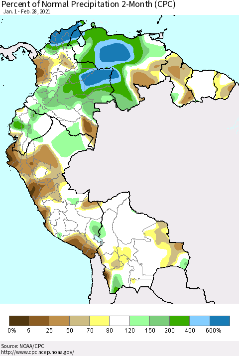 Northern South America Percent of Normal Precipitation 2-Month (CPC) Thematic Map For 1/1/2021 - 2/28/2021