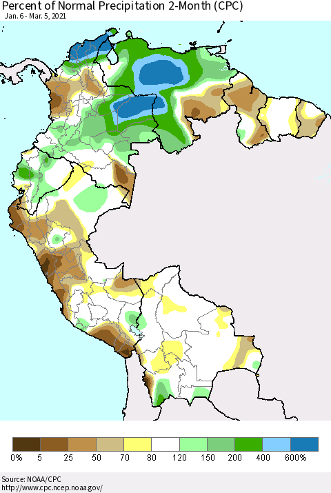 Northern South America Percent of Normal Precipitation 2-Month (CPC) Thematic Map For 1/6/2021 - 3/5/2021