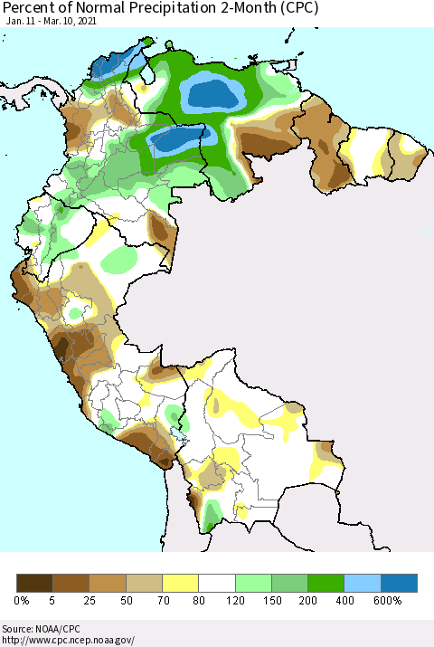 Northern South America Percent of Normal Precipitation 2-Month (CPC) Thematic Map For 1/11/2021 - 3/10/2021