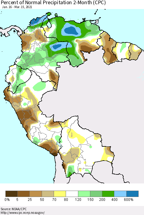 Northern South America Percent of Normal Precipitation 2-Month (CPC) Thematic Map For 1/16/2021 - 3/15/2021