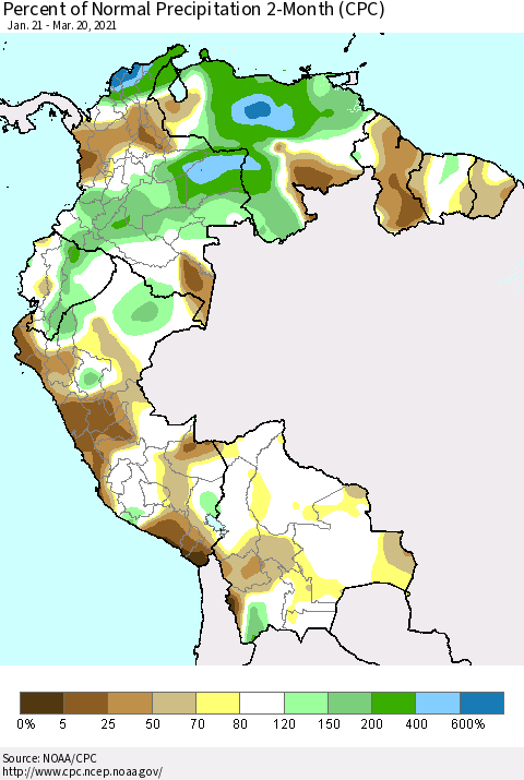 Northern South America Percent of Normal Precipitation 2-Month (CPC) Thematic Map For 1/21/2021 - 3/20/2021