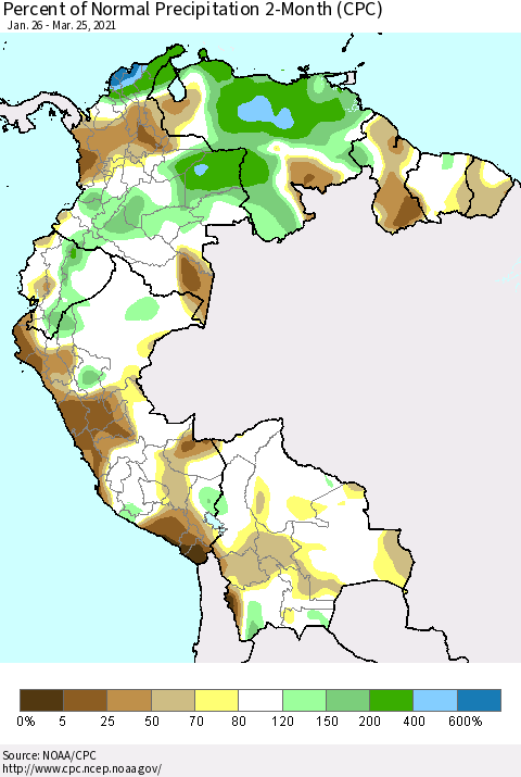 Northern South America Percent of Normal Precipitation 2-Month (CPC) Thematic Map For 1/26/2021 - 3/25/2021