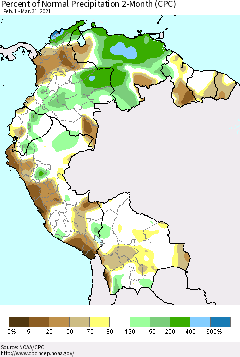 Northern South America Percent of Normal Precipitation 2-Month (CPC) Thematic Map For 2/1/2021 - 3/31/2021