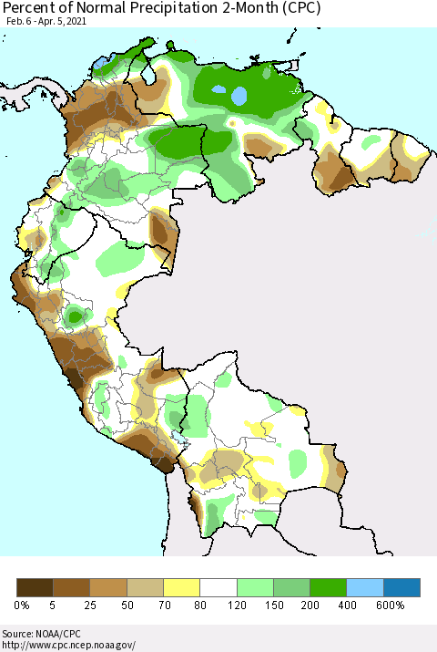 Northern South America Percent of Normal Precipitation 2-Month (CPC) Thematic Map For 2/6/2021 - 4/5/2021