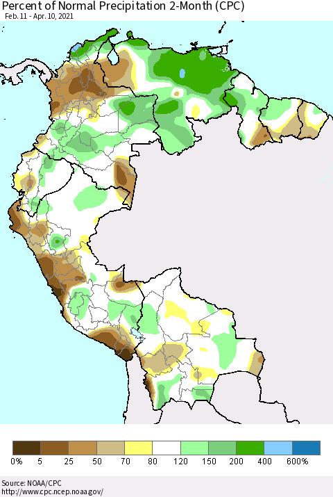 Northern South America Percent of Normal Precipitation 2-Month (CPC) Thematic Map For 2/11/2021 - 4/10/2021