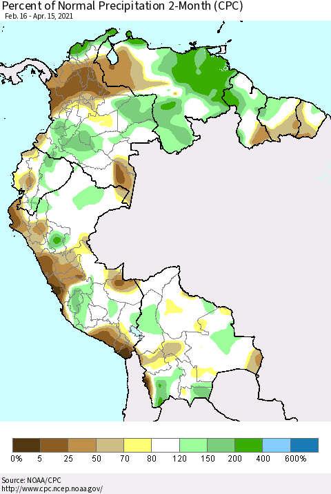 Northern South America Percent of Normal Precipitation 2-Month (CPC) Thematic Map For 2/16/2021 - 4/15/2021