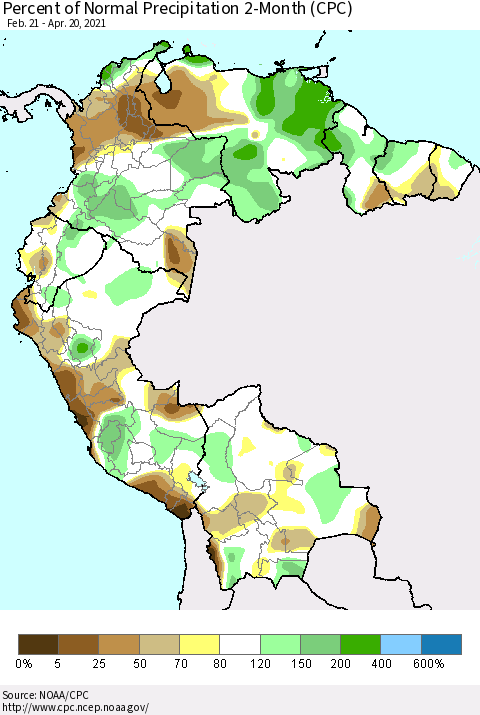 Northern South America Percent of Normal Precipitation 2-Month (CPC) Thematic Map For 2/21/2021 - 4/20/2021