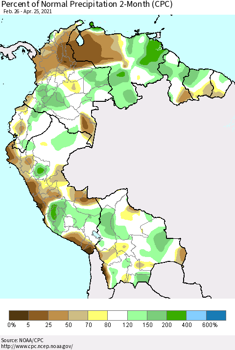 Northern South America Percent of Normal Precipitation 2-Month (CPC) Thematic Map For 2/26/2021 - 4/25/2021