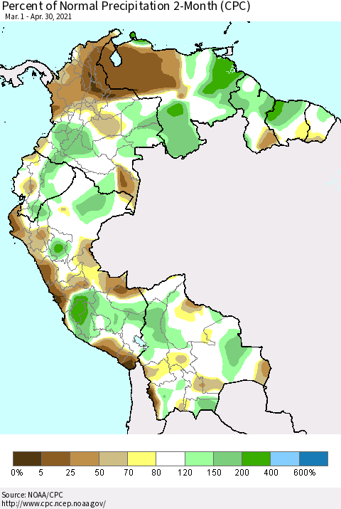 Northern South America Percent of Normal Precipitation 2-Month (CPC) Thematic Map For 3/1/2021 - 4/30/2021