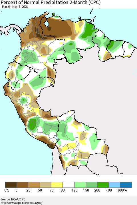 Northern South America Percent of Normal Precipitation 2-Month (CPC) Thematic Map For 3/6/2021 - 5/5/2021