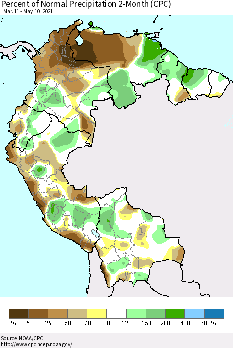 Northern South America Percent of Normal Precipitation 2-Month (CPC) Thematic Map For 3/11/2021 - 5/10/2021