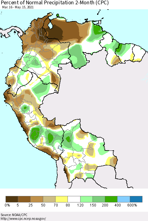 Northern South America Percent of Normal Precipitation 2-Month (CPC) Thematic Map For 3/16/2021 - 5/15/2021
