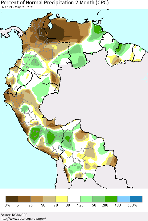 Northern South America Percent of Normal Precipitation 2-Month (CPC) Thematic Map For 3/21/2021 - 5/20/2021