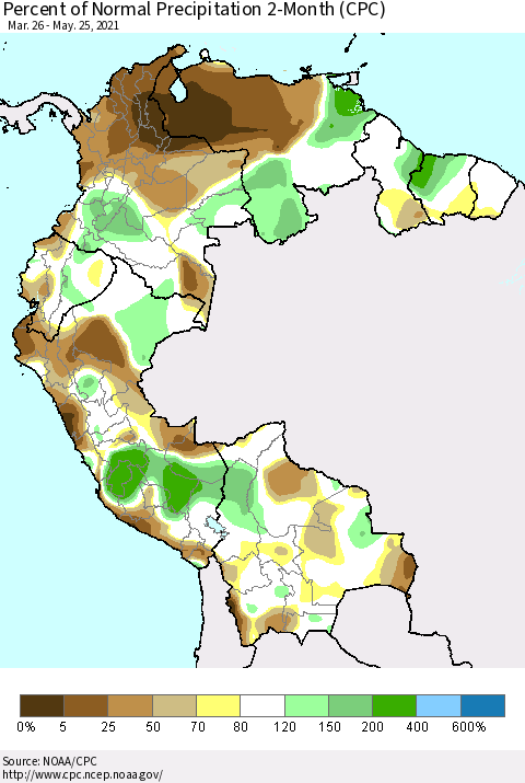 Northern South America Percent of Normal Precipitation 2-Month (CPC) Thematic Map For 3/26/2021 - 5/25/2021