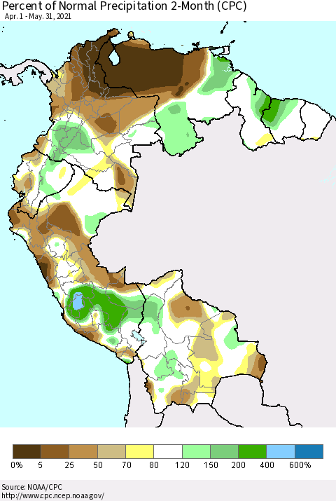Northern South America Percent of Normal Precipitation 2-Month (CPC) Thematic Map For 4/1/2021 - 5/31/2021