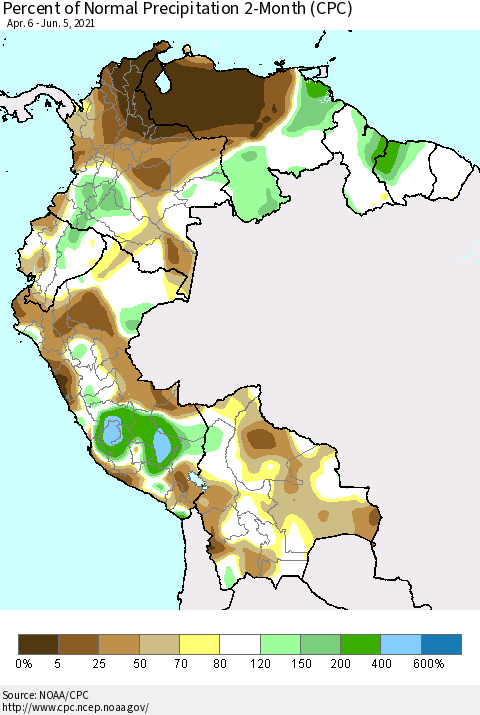 Northern South America Percent of Normal Precipitation 2-Month (CPC) Thematic Map For 4/6/2021 - 6/5/2021