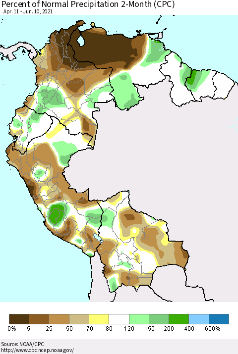 Northern South America Percent of Normal Precipitation 2-Month (CPC) Thematic Map For 4/11/2021 - 6/10/2021