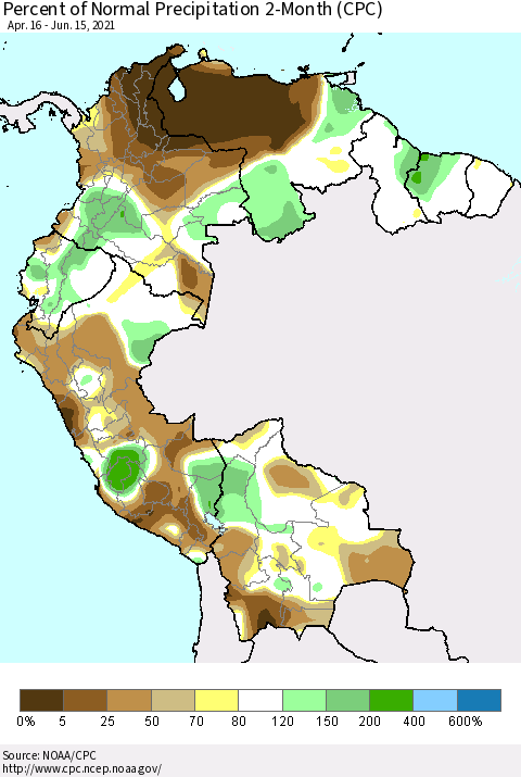 Northern South America Percent of Normal Precipitation 2-Month (CPC) Thematic Map For 4/16/2021 - 6/15/2021