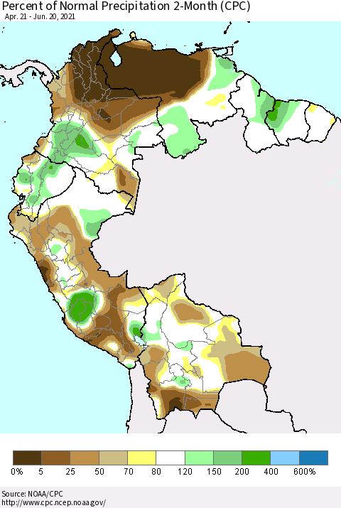 Northern South America Percent of Normal Precipitation 2-Month (CPC) Thematic Map For 4/21/2021 - 6/20/2021