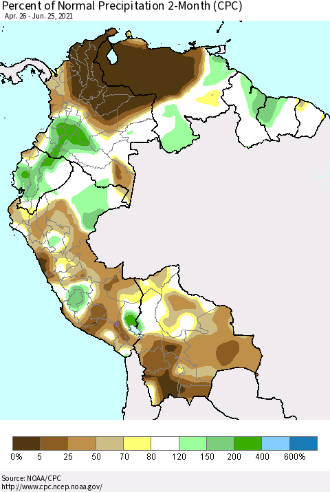 Northern South America Percent of Normal Precipitation 2-Month (CPC) Thematic Map For 4/26/2021 - 6/25/2021