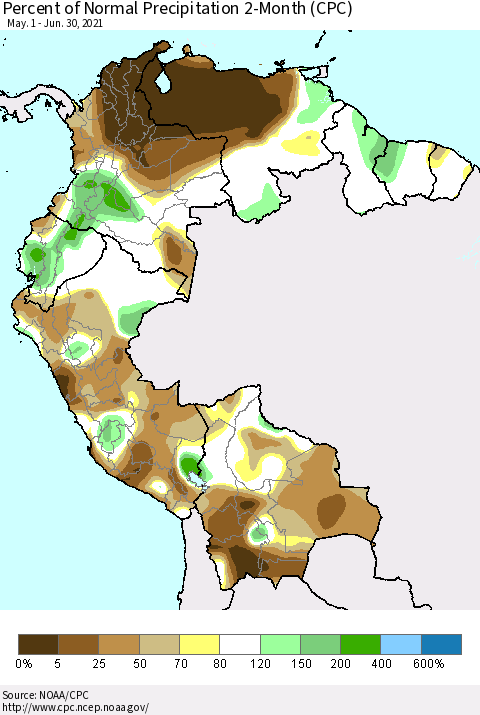Northern South America Percent of Normal Precipitation 2-Month (CPC) Thematic Map For 5/1/2021 - 6/30/2021