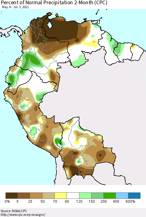 Northern South America Percent of Normal Precipitation 2-Month (CPC) Thematic Map For 5/6/2021 - 7/5/2021