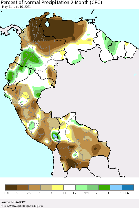 Northern South America Percent of Normal Precipitation 2-Month (CPC) Thematic Map For 5/11/2021 - 7/10/2021