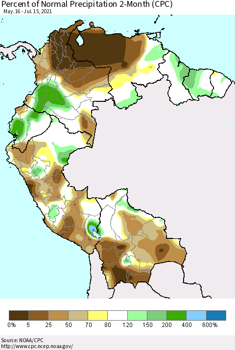 Northern South America Percent of Normal Precipitation 2-Month (CPC) Thematic Map For 5/16/2021 - 7/15/2021