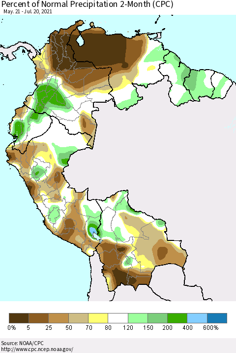 Northern South America Percent of Normal Precipitation 2-Month (CPC) Thematic Map For 5/21/2021 - 7/20/2021