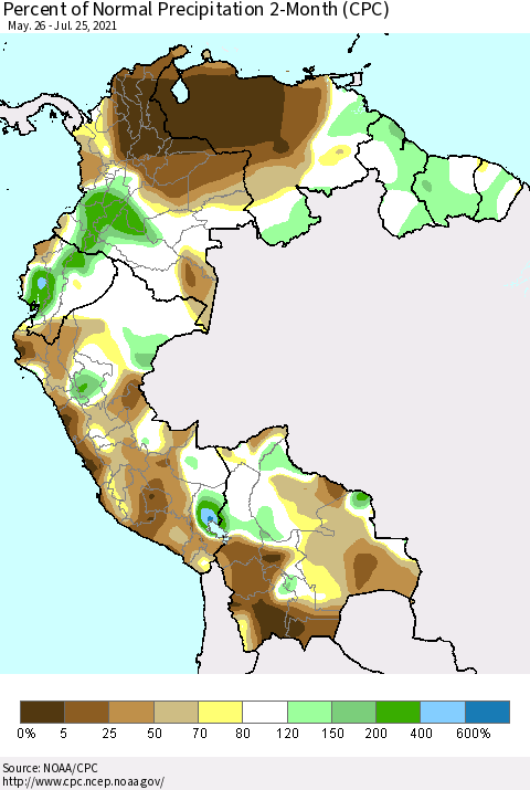 Northern South America Percent of Normal Precipitation 2-Month (CPC) Thematic Map For 5/26/2021 - 7/25/2021