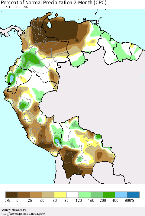 Northern South America Percent of Normal Precipitation 2-Month (CPC) Thematic Map For 6/1/2021 - 7/31/2021
