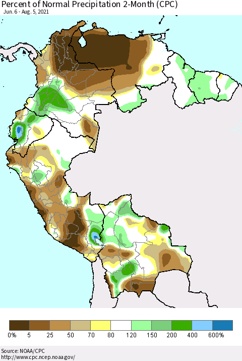 Northern South America Percent of Normal Precipitation 2-Month (CPC) Thematic Map For 6/6/2021 - 8/5/2021