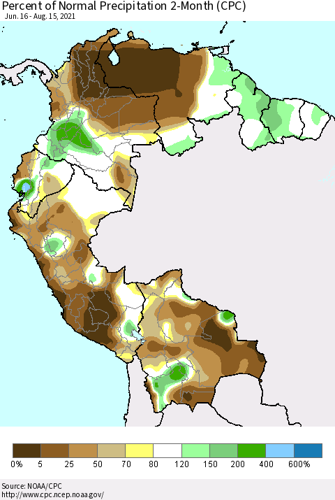 Northern South America Percent of Normal Precipitation 2-Month (CPC) Thematic Map For 6/16/2021 - 8/15/2021