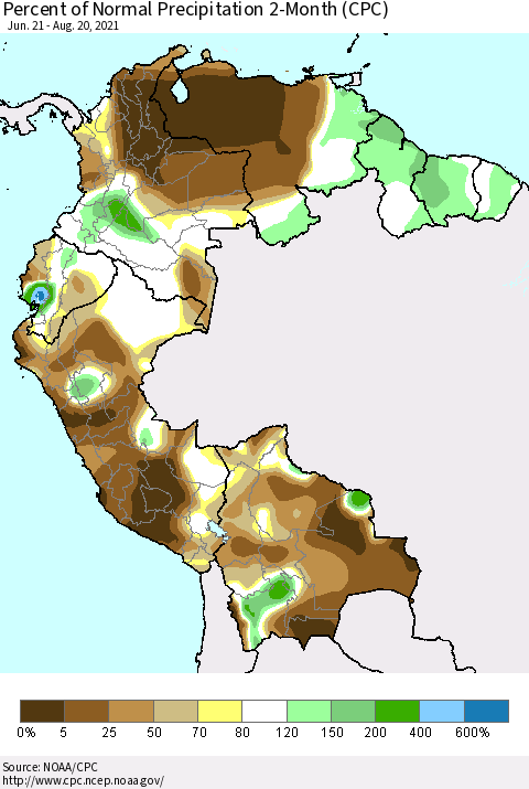 Northern South America Percent of Normal Precipitation 2-Month (CPC) Thematic Map For 6/21/2021 - 8/20/2021