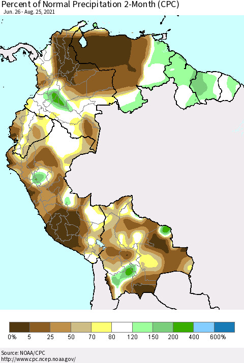 Northern South America Percent of Normal Precipitation 2-Month (CPC) Thematic Map For 6/26/2021 - 8/25/2021