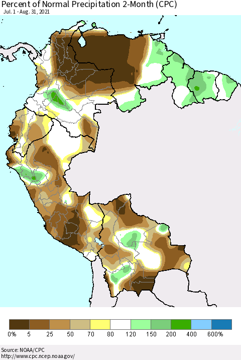 Northern South America Percent of Normal Precipitation 2-Month (CPC) Thematic Map For 7/1/2021 - 8/31/2021