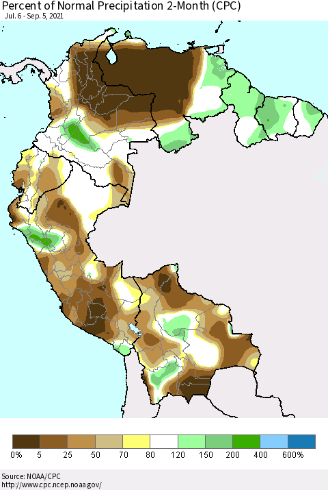 Northern South America Percent of Normal Precipitation 2-Month (CPC) Thematic Map For 7/6/2021 - 9/5/2021