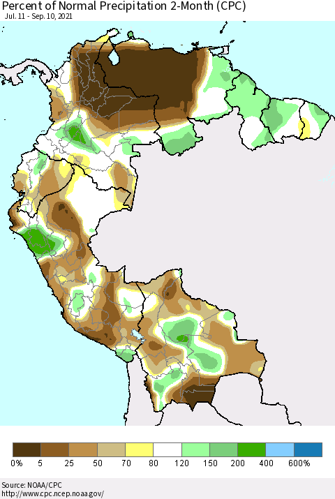 Northern South America Percent of Normal Precipitation 2-Month (CPC) Thematic Map For 7/11/2021 - 9/10/2021
