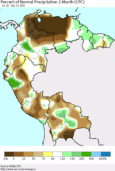 Northern South America Percent of Normal Precipitation 2-Month (CPC) Thematic Map For 7/16/2021 - 9/15/2021