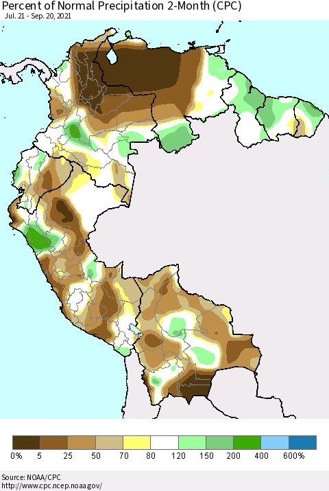 Northern South America Percent of Normal Precipitation 2-Month (CPC) Thematic Map For 7/21/2021 - 9/20/2021
