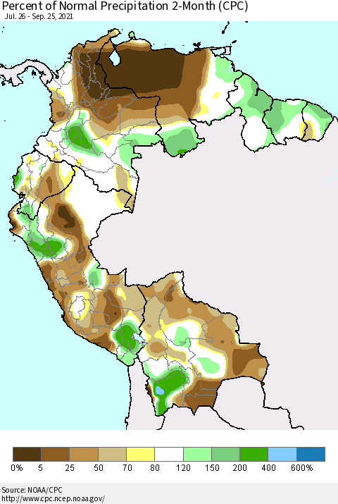 Northern South America Percent of Normal Precipitation 2-Month (CPC) Thematic Map For 7/26/2021 - 9/25/2021