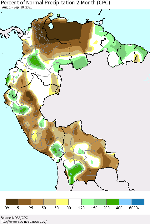 Northern South America Percent of Normal Precipitation 2-Month (CPC) Thematic Map For 8/1/2021 - 9/30/2021
