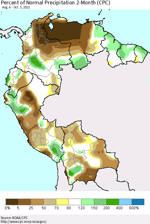 Northern South America Percent of Normal Precipitation 2-Month (CPC) Thematic Map For 8/6/2021 - 10/5/2021