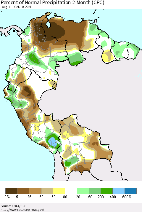 Northern South America Percent of Normal Precipitation 2-Month (CPC) Thematic Map For 8/11/2021 - 10/10/2021