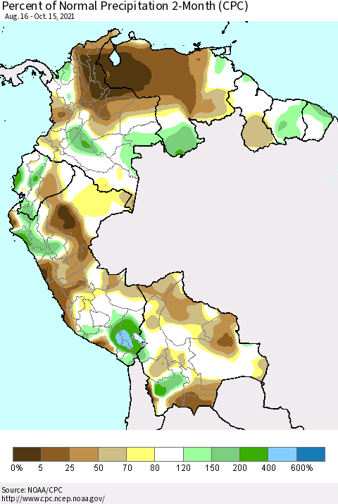 Northern South America Percent of Normal Precipitation 2-Month (CPC) Thematic Map For 8/16/2021 - 10/15/2021