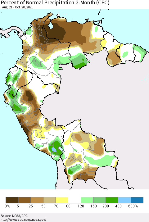Northern South America Percent of Normal Precipitation 2-Month (CPC) Thematic Map For 8/21/2021 - 10/20/2021