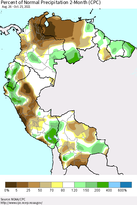 Northern South America Percent of Normal Precipitation 2-Month (CPC) Thematic Map For 8/26/2021 - 10/25/2021