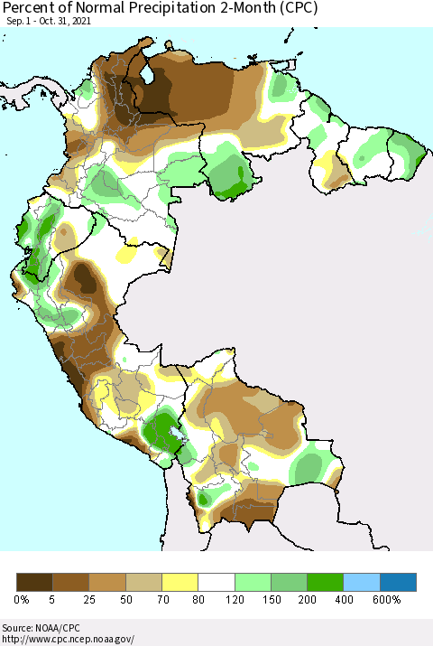 Northern South America Percent of Normal Precipitation 2-Month (CPC) Thematic Map For 9/1/2021 - 10/31/2021