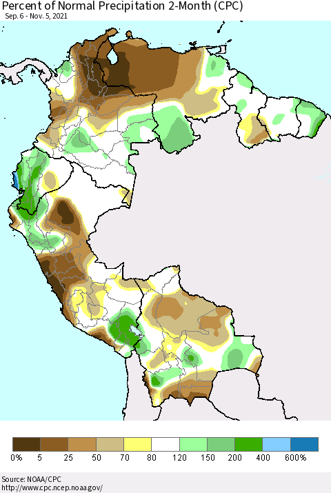 Northern South America Percent of Normal Precipitation 2-Month (CPC) Thematic Map For 9/6/2021 - 11/5/2021